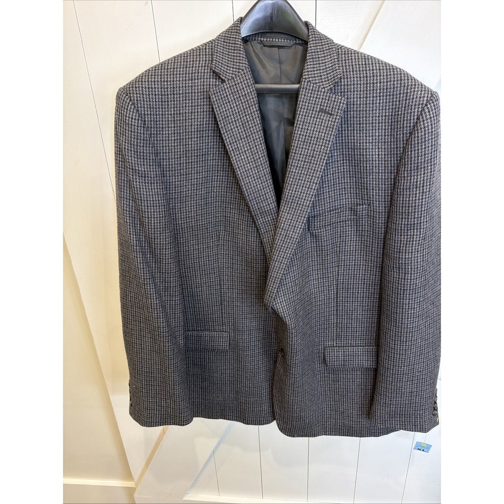 Chaps Mens Houndstooth Blazer 48R 100% Lambs Wool Dark Academia Blue Brown Soft